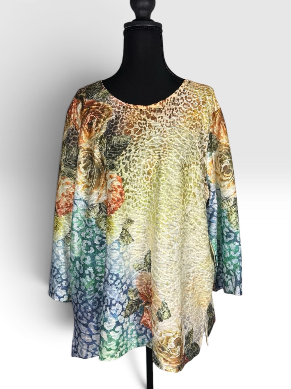 Alfred Dunner Women’s XL Floral Leopard Print Rhinestone Tunic Top 3/4 Sleeve